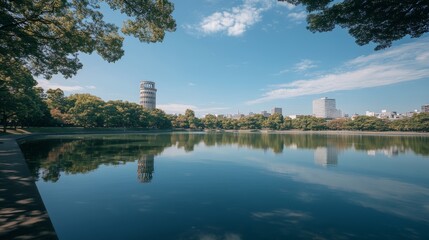 Naklejka premium Autumn. Scenic View of the Pond and Trees at Hiroshima Peace Memorial Park, Hiroshima, Japan