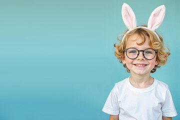 Happy little boy in headband with bunny ears and eyeglasses, on a blue background. Easter ophtalmologist background. Easter opthalmologyical concept. Easter medical concept. Copyspace