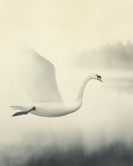 Elegant Swan in Flight over Misty Lake, Serene Wildlife Art.