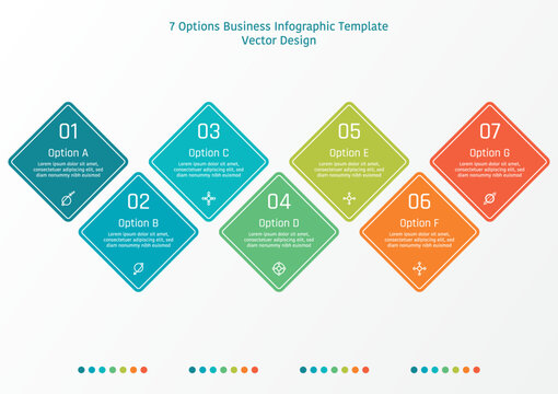 7 options business infographic template, group of diamond square shape frame with number and symbols
