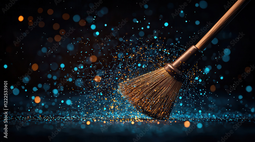 Poster broom sweeping colorful particles, creating magical effect with blue and orange lights. scene captur