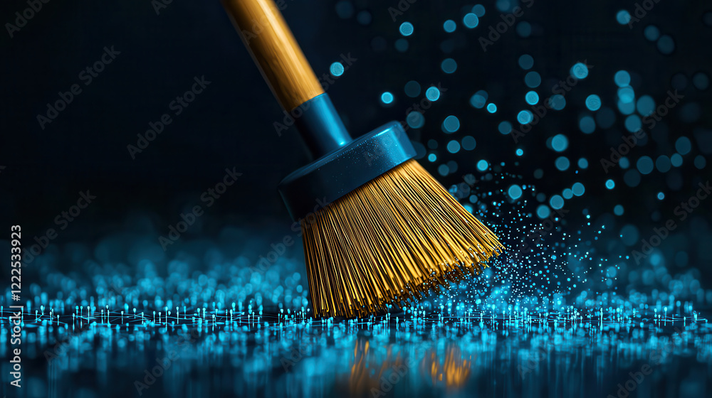 Leinwandbilder broom sweeping sparkling particles on dark surface, creating mesmerizing effect. vibrant blue tones enhance dynamic motion and cleanliness