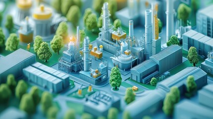 Obraz premium Collaborative worker team in an eco-factory, minimal isometric icon style, clean lines, soft green and blue tones, detailed and modern