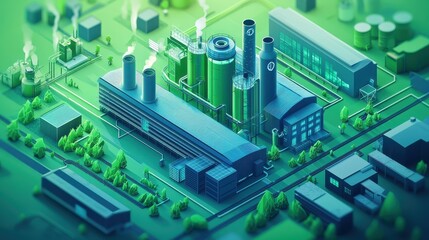 Collaborative worker team in an eco-factory, minimal isometric icon style, clean lines, soft green and blue tones, detailed and modern 