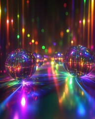 Abstract Spheres Reflecting Rainbow Light Beams on a Dark Background, Sparkling Geometric Composition.