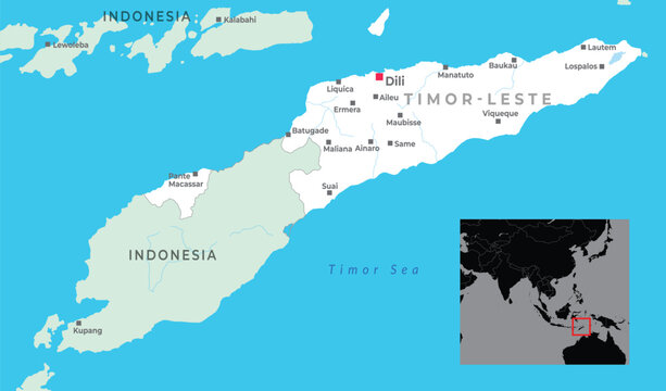 Timor-Leste map with capital Dili, borders, landmarks, and major cities in Southeast Asia