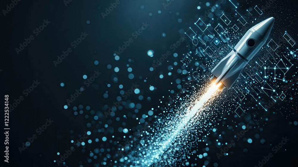 Aufkleber sleek white rocket launches into digital space, leaving trail of glowing particles and geometric sha