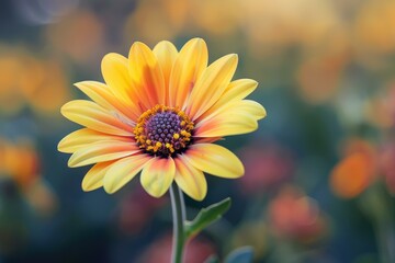 Obraz premium Close up of a vibrant yellow osteospermum flower with orange center, showcasing its delicate petals and intricate details