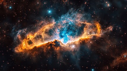 Cosmic Nebula with Golden Clouds and Sparkling Stars in Deep Space.