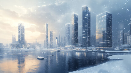 Fototapeta premium Winter city skyline at frozen waterfront bay. Urban cityscape background, futuristic metropolis architecture under snowfall. Luxury megapolis skyscraper buildings view, Cartoon vector illustration