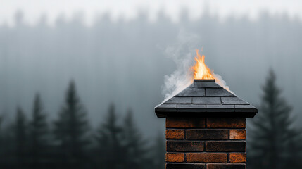 chimney with smoke and fire against misty forest backdrop creates cozy atmosphere. warm glow contrasts beautifully with cool, foggy surroundings