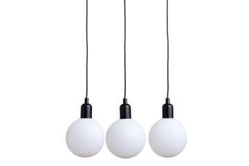 Modern chandelier with a cluster of hanging white glass orbs isolated on white background