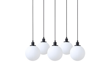 Modern chandelier with a cluster of hanging white glass orbs isolated on white background