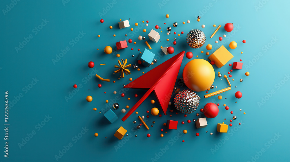 Aufkleber bright and colorful 3d abstract composition featuring geometric shapes, spheres, and red paper airpl