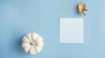 minimalist pastel blue color table and white pumpkin maple dry leaves paper card flat lay and copy...
