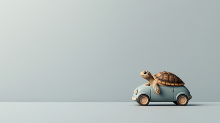 turtle figurine riding small blue toy car on minimalist background. scene evokes sense of whimsy and playfulness, perfect for children decor or imaginative themes