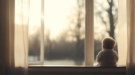 Fototapeta premium Baby sitting on window sill, looking out at sunset.