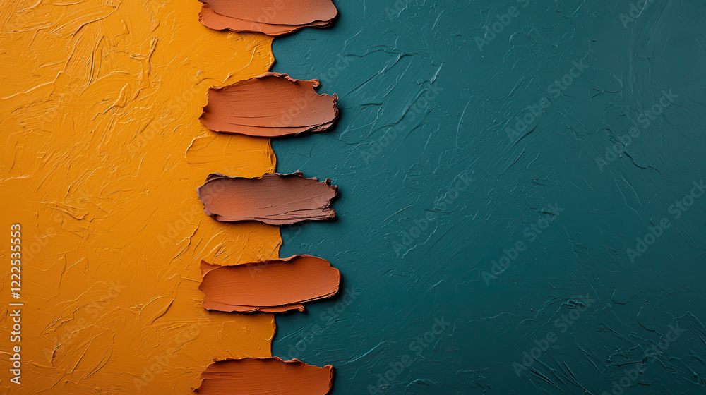 Poster textured paint swatches in warm tones of orange and teal create vibrant contrast. smooth application