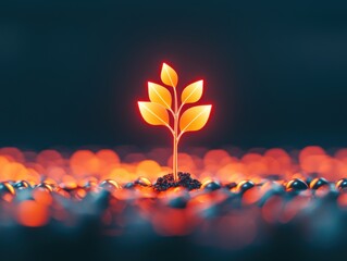 startup investment growth ecosystem concept. Vibrant plant growing amidst glowing stones in a dark background.