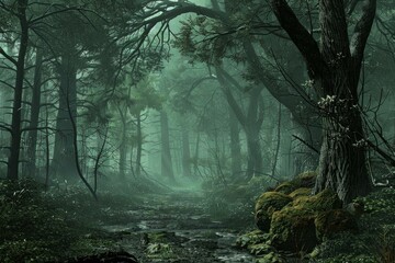 Fototapeta premium Fog flowing through a green forest with a stream flowing in the center