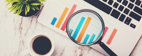 startup investment growth ecosystem concept. Laptop with graphs under magnifying glass and coffee cup.