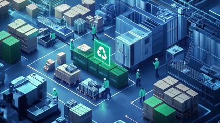 Eco-conscious team working in an industrial space, modern isometric icon with sustainable packaging design, green and blue highlights