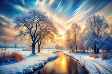 A snowy path winds through a winter wonderland, a double exposure watercolor AI masterpiece.