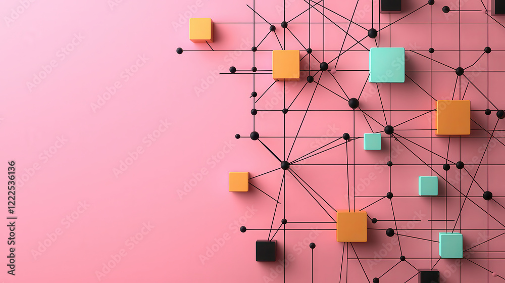 Aufkleber Abstract network design with colorful geometric shapes on soft pink background, creating modern and artistic visual. This evokes creativity and innovation