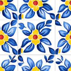 Fototapeta premium Rustic blue and yellow tile watercolor seamless pattern. Pattern of azulejos tiles 