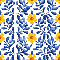 Rustic blue and yellow tile watercolor seamless pattern. Pattern of azulejos tiles
