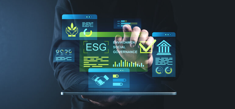 ESG concept with holographic elements for environmental, social, and governance strategies on a futuristic tablet interface. - Powered by Adobe