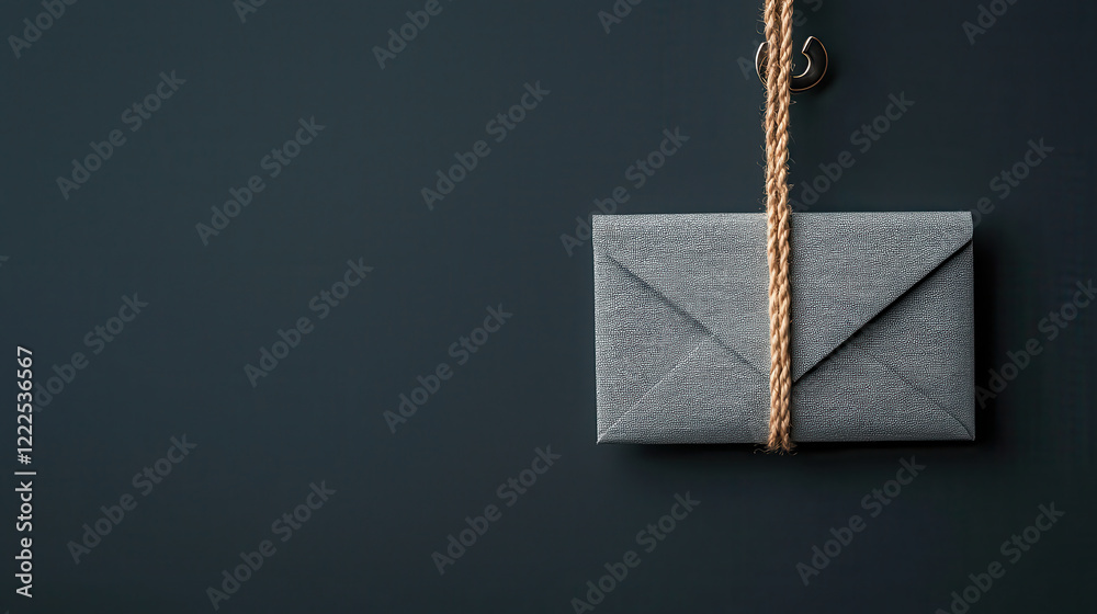 Poster light gray envelope hanging from rope against dark background, creating minimalist and modern aesthe