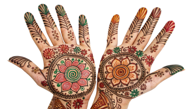 Traditional Henna Design on Hands for Eid Celebration with Delicate Patterns on Transparent Background PNG