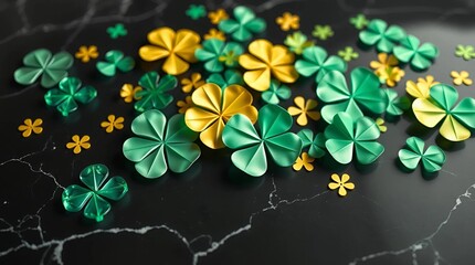 Shimmering 3D clover patterns with gold metallic finishes and glowing emerald inlays, floating gracefully over a dark, abstract background with swirling textures and radiant green and gold bokeh