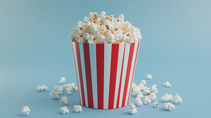 Red and white striped popcorn bucket, filled to the top with fluffy white popcorn spilling out.