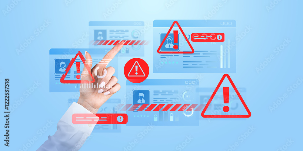 Poster digital interface with warning icons and a hand interacting with virtual elements.