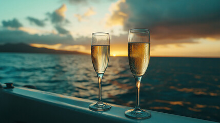 Obraz premium Two champagne glasses resting on yacht railing during sunset cruise