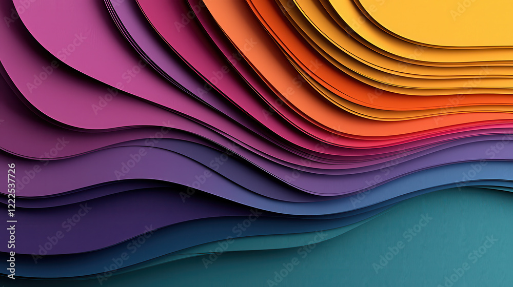 Poster colorful overlapping curved layers create vibrant abstract background, showcasing blend of purple, o