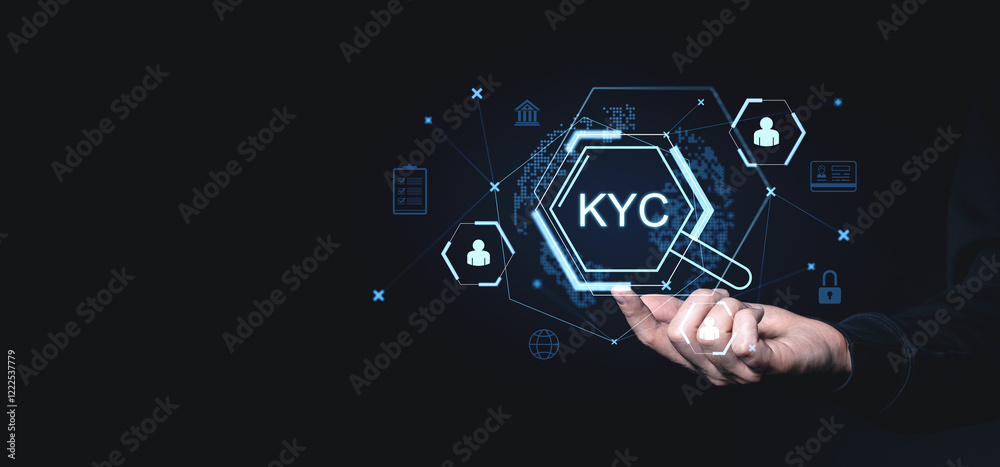 Poster kyc verification graphics with digital hexagonal interface and icons on dark background.