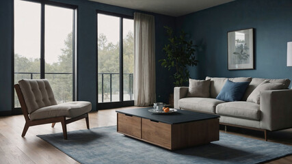 Modern living room with navy blue walls wooden accents and large windows