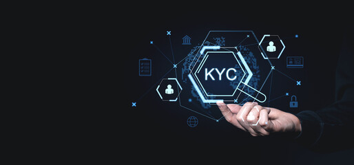 KYC verification graphics with digital hexagonal interface and icons on dark background.