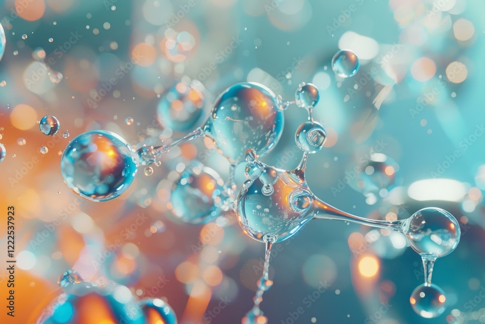 Poster abstract molecule structure with transparent spheres and connections representing atoms and bonds, c
