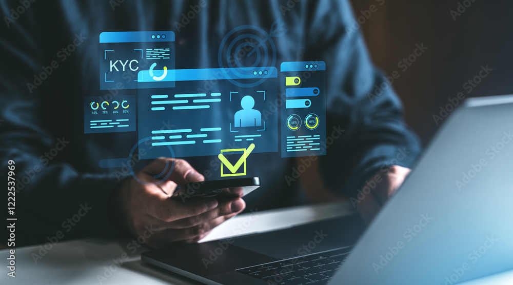 Poster digital kyc verification concept with checklist on transparent interface.