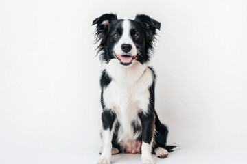 Fototapeta premium A cheerful black and white border collie sitting against a plain background.