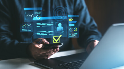 Digital KYC verification concept with checklist on transparent interface.