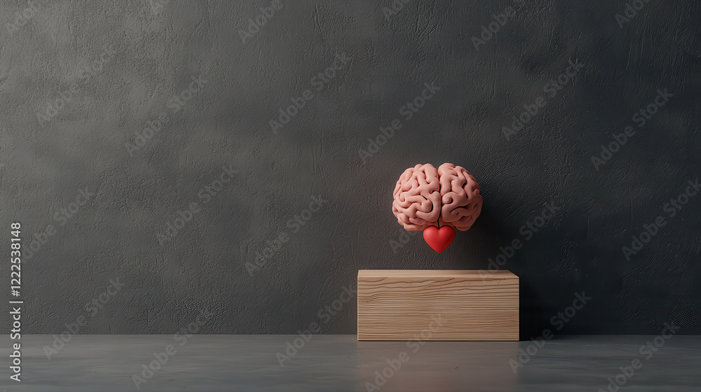 Poster creative still life featuring brain sculpture with heart, symbolizing connection between intellect a