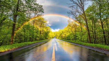 Obraz premium Rainbow over a Wet Road in a Lush Forest