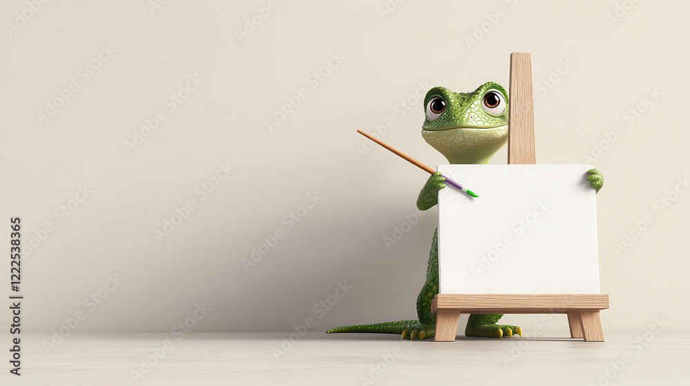 Poster whimsical green lizard character holding paintbrush next to blank canvas on easel, ready to create a
