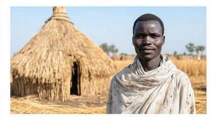 A young man dressed in light attire poses confidently in front of a straw hut surrounded by golden fields under a clear blue sky, reflecting rural life and culture