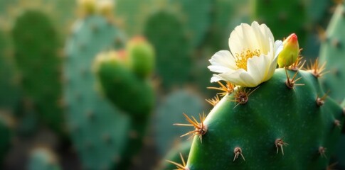 Prickly pear cactus stem with delicate white flowers and green spines, cactus, flora